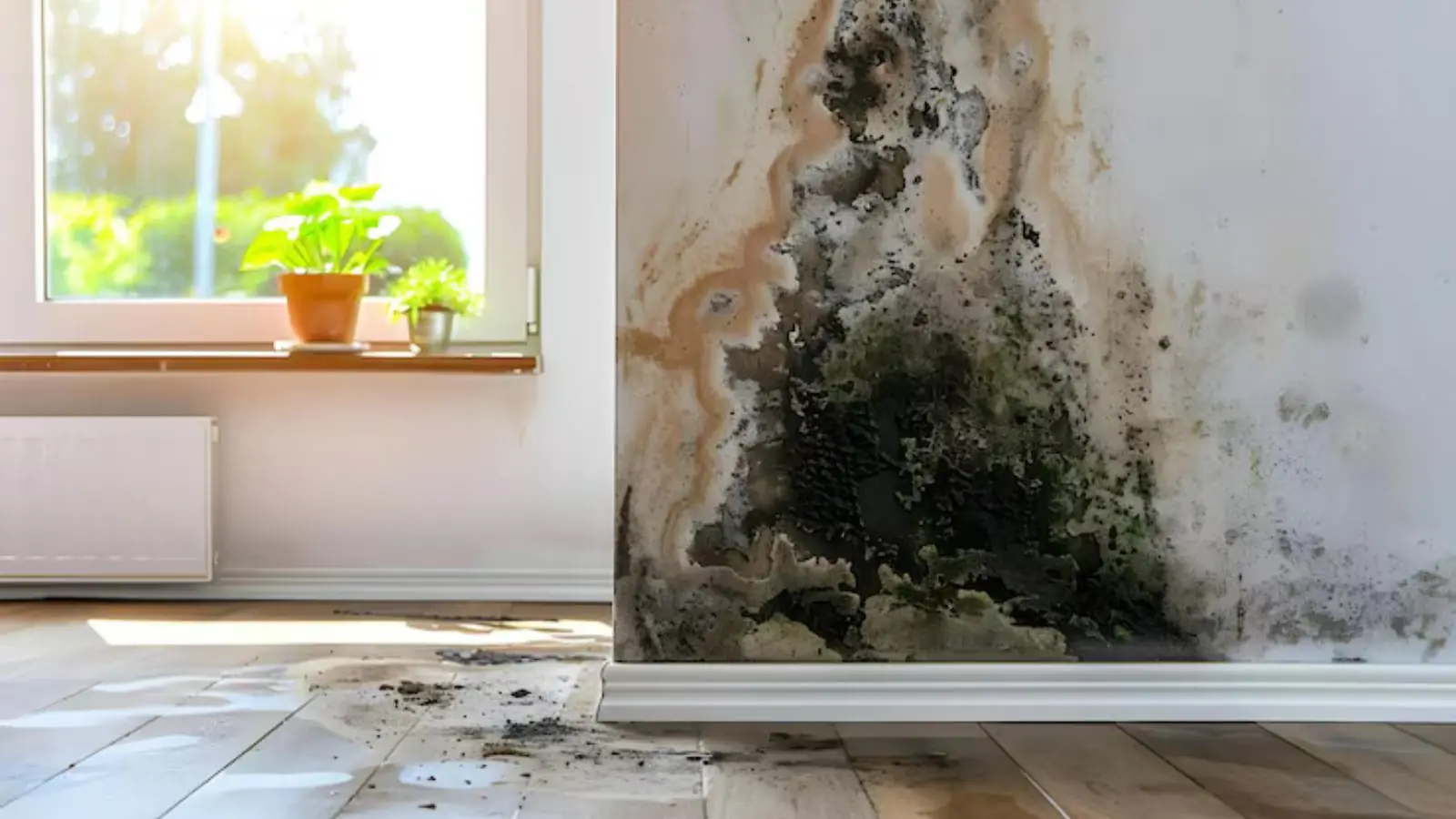 Dark mold growth climbing a white wall corner beside a window above a wood floor