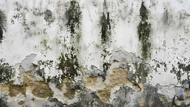 Wall with streaks and clusters of dark green and black mold growth beneath flaking paint