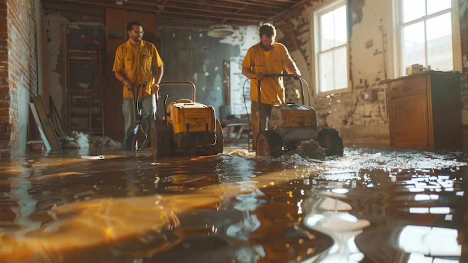Two crew members running extraction machines through standing water in a flooded room