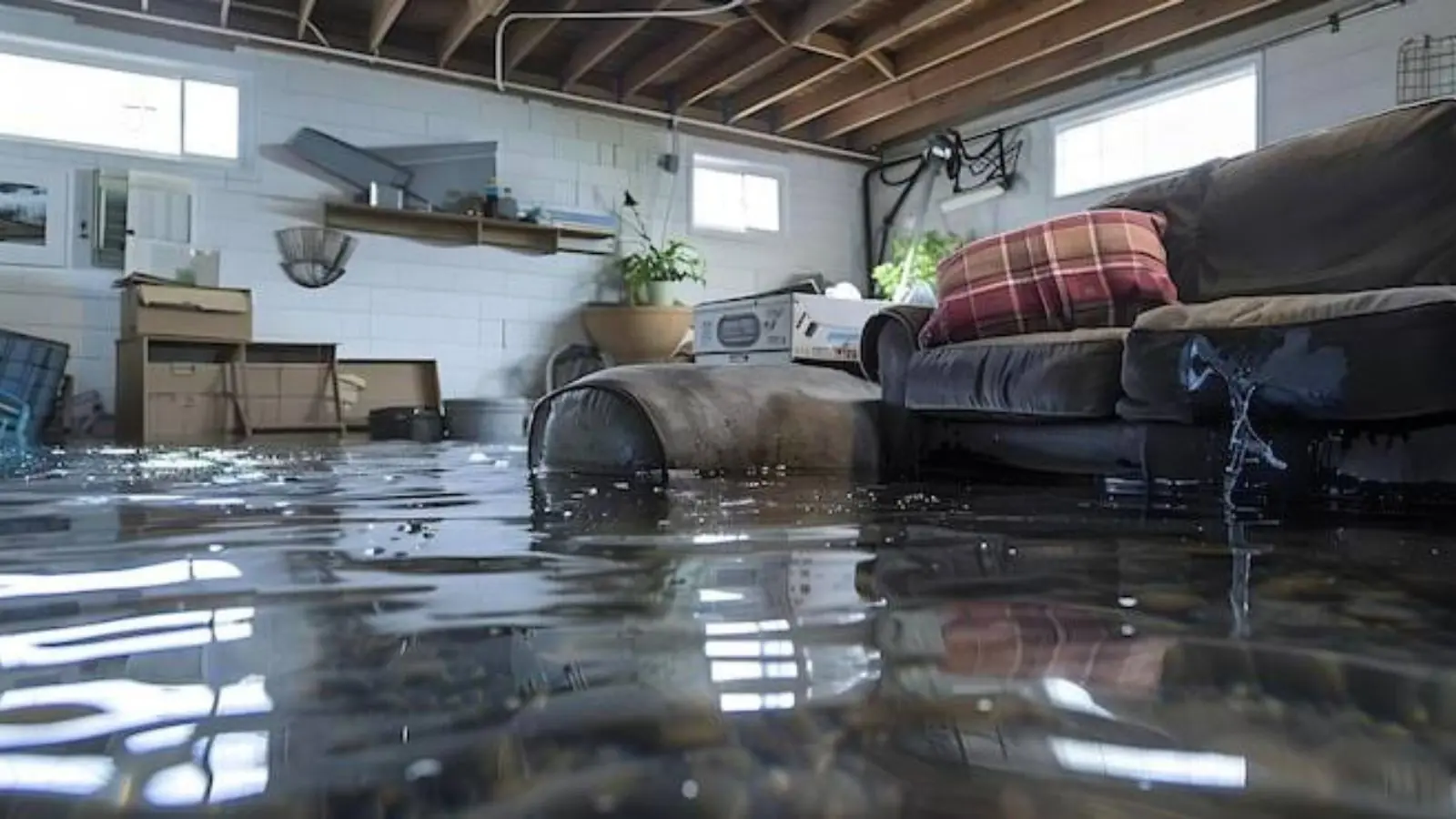 Flood water covering the floor of a finished basement with a sofa and shelving above the waterline