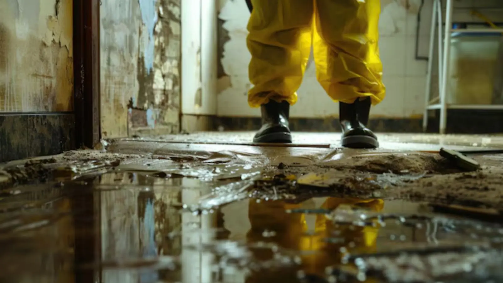 Worker in protective coveralls and boots standing in muddy debris on a flooded room floor during cleanup